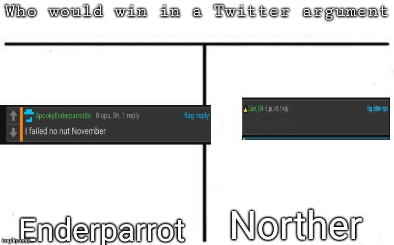 Pitting random mfs against each other | Norther; Enderparrot | image tagged in pitting random mfs against each other,memes,msmg | made w/ Imgflip meme maker