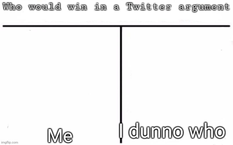 Pitting random mfs against each other | I dunno who; Me | image tagged in pitting random mfs against each other | made w/ Imgflip meme maker