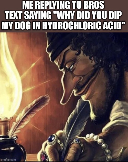 Hydrochloric acid | ME REPLYING TO BROS TEXT SAYING "WHY DID YOU DIP MY DOG IN HYDROCHLORIC ACID" | image tagged in blackbeard writing | made w/ Imgflip meme maker