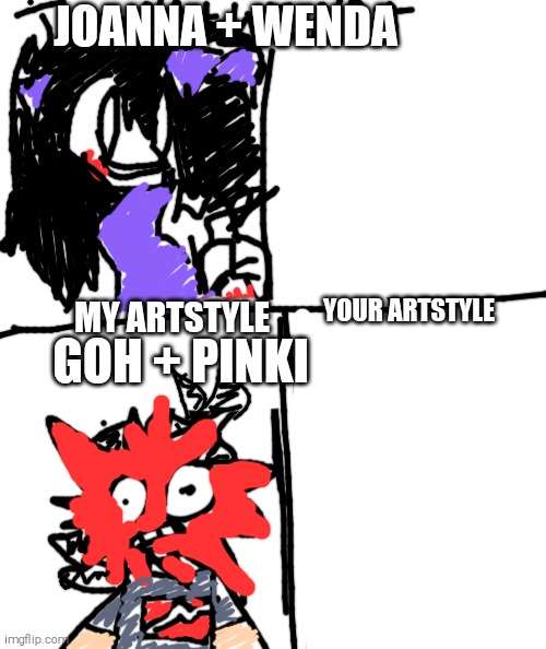 Joanna's Artstyle Collab Template[Feel Free To Use it] | JOANNA + WENDA; YOUR ARTSTYLE; MY ARTSTYLE; GOH + PINKI | image tagged in joanna,goh you gay ass motherfucker,pokemon journeys,sprunki | made w/ Imgflip meme maker