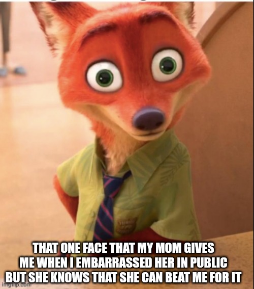 nick wilde big eyes | THAT ONE FACE THAT MY MOM GIVES ME WHEN I EMBARRASSED HER IN PUBLIC BUT SHE KNOWS THAT SHE CAN BEAT ME FOR IT | image tagged in nick wilde big eyes | made w/ Imgflip meme maker