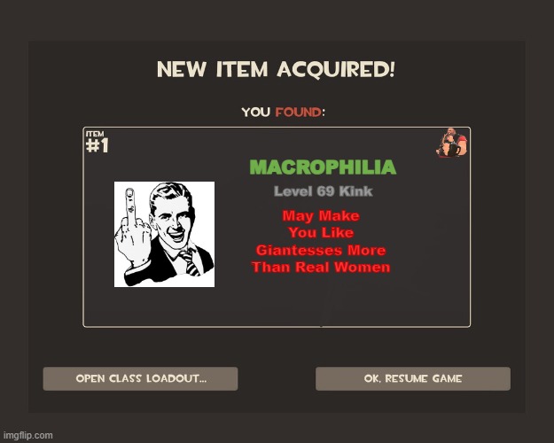 made this meme 12 hours ago | MACROPHILIA; May Make You Like Giantesses More Than Real Women; Level 69 Kink | image tagged in you got tf2 shit | made w/ Imgflip meme maker