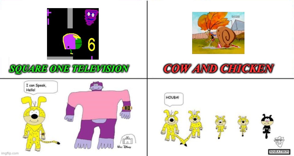 MathMan vs Snail Boy | COW AND CHICKEN; SQUARE ONE TELEVISION | image tagged in disney version vs marathon version | made w/ Imgflip meme maker