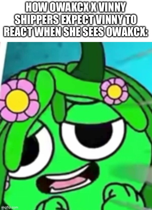 Vinny is a nickname I gave Vineria | HOW OWAKCX X VINNY SHIPPERS EXPECT VINNY TO REACT WHEN SHE SEES OWAKCX: | image tagged in freaky vineria face | made w/ Imgflip meme maker