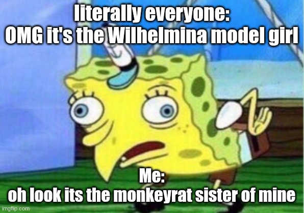 Mocking Spongebob | literally everyone:
OMG it's the Wilhelmina model girl; Me:
oh look its the monkeyrat sister of mine | image tagged in memes,mocking spongebob | made w/ Imgflip meme maker