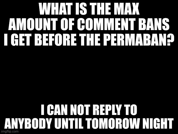 WHAT IS THE MAX AMOUNT OF COMMENT BANS I GET BEFORE THE PERMABAN? I CAN NOT REPLY TO ANYBODY UNTIL TOMOROW NIGHT | made w/ Imgflip meme maker
