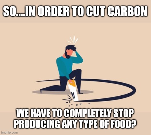 SO....IN ORDER TO CUT CARBON; WE HAVE TO COMPLETELY STOP PRODUCING ANY TYPE OF FOOD? | image tagged in funny memes | made w/ Imgflip meme maker