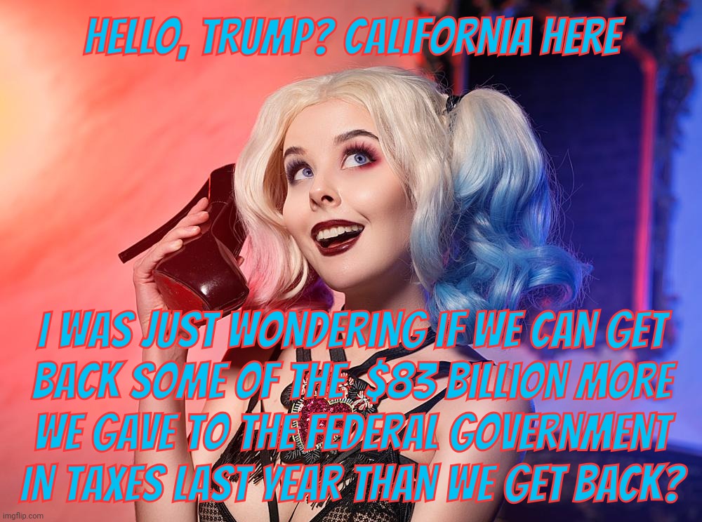 Trump threatening to withhold aid to California who paid $83 billion more in taxes that it got back in 2023 | Hello, Trump? California here I was just wondering if we can get
back some of the  $83 billion more
we gave to the federal government
In tax | image tagged in helly von valentine,trump withholding aid to california,california wildfires,california is a donor state,conservative hypocrisy | made w/ Imgflip meme maker