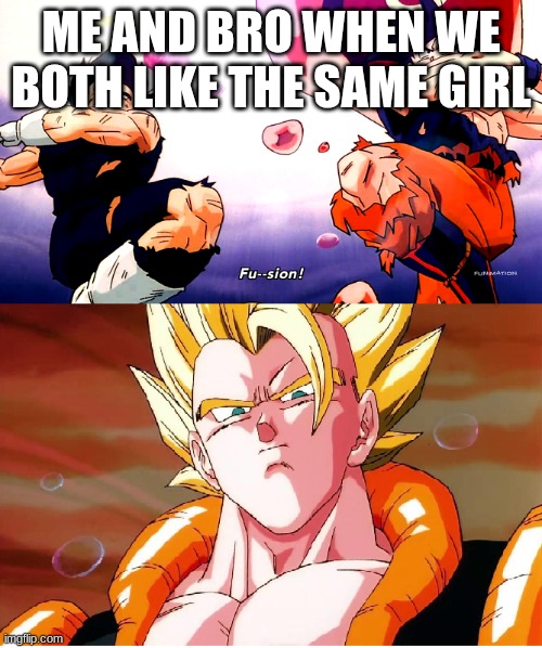 She gets two with the price of one | ME AND BRO WHEN WE BOTH LIKE THE SAME GIRL | image tagged in gogeta fusion | made w/ Imgflip meme maker