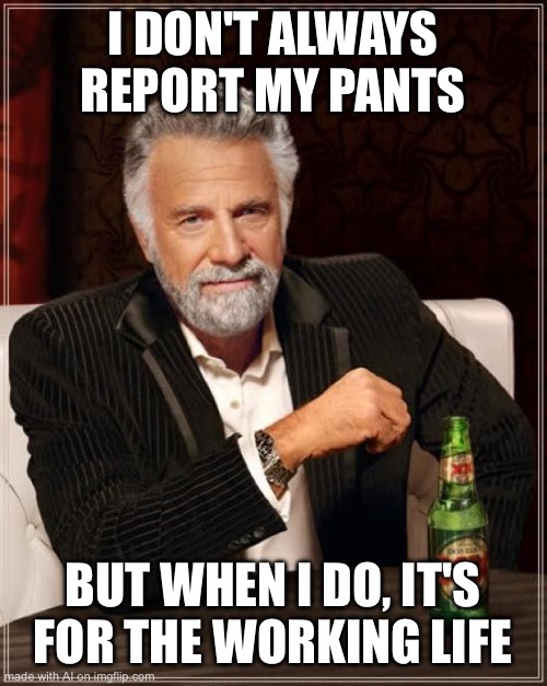 The Most Interesting Man In The World | I DON'T ALWAYS REPORT MY PANTS; BUT WHEN I DO, IT'S FOR THE WORKING LIFE | image tagged in memes,the most interesting man in the world | made w/ Imgflip meme maker