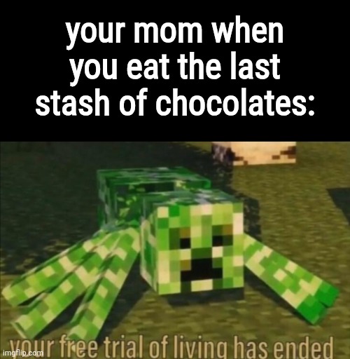 True | your mom when you eat the last stash of chocolates: | image tagged in your free trial of living has ended | made w/ Imgflip meme maker