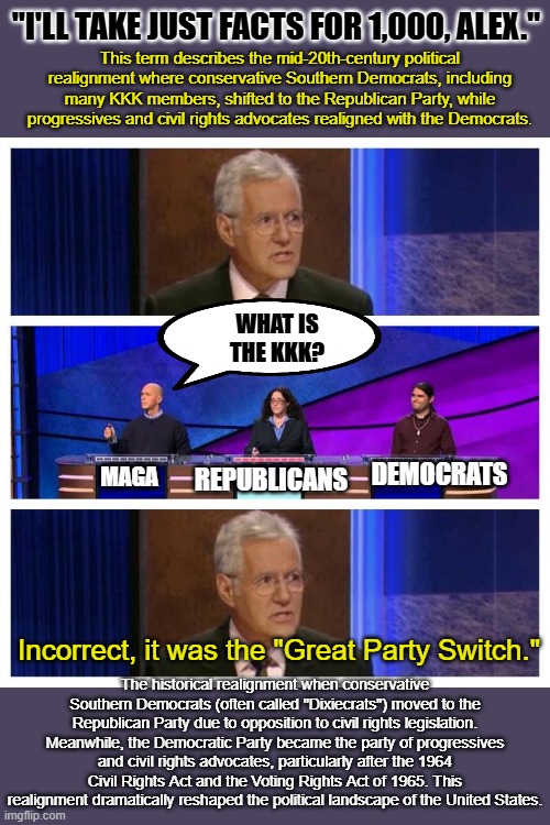 Jeopardy | This term describes the mid-20th-century political realignment where conservative Southern Democrats, including many KKK members, shifted to | image tagged in jeopardy | made w/ Imgflip meme maker