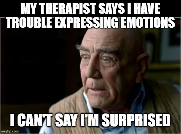 My Therapist Says | MY THERAPIST SAYS I HAVE TROUBLE EXPRESSING EMOTIONS; I CAN'T SAY I'M SURPRISED | image tagged in therapist | made w/ Imgflip meme maker