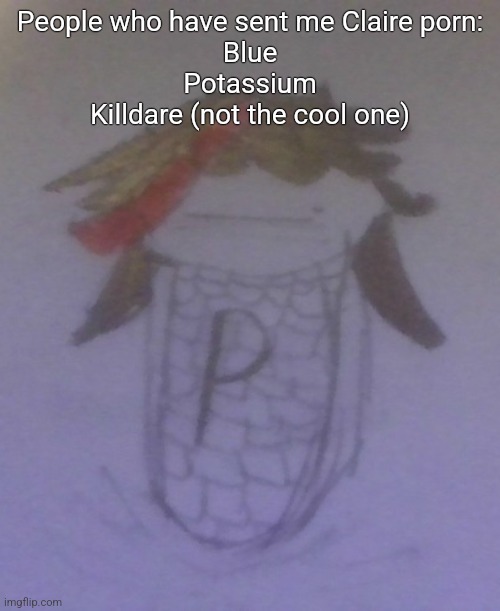 Plaire corn | People who have sent me Claire porn:
Blue
Potassium
Killdare (not the cool one) | image tagged in plaire corn | made w/ Imgflip meme maker