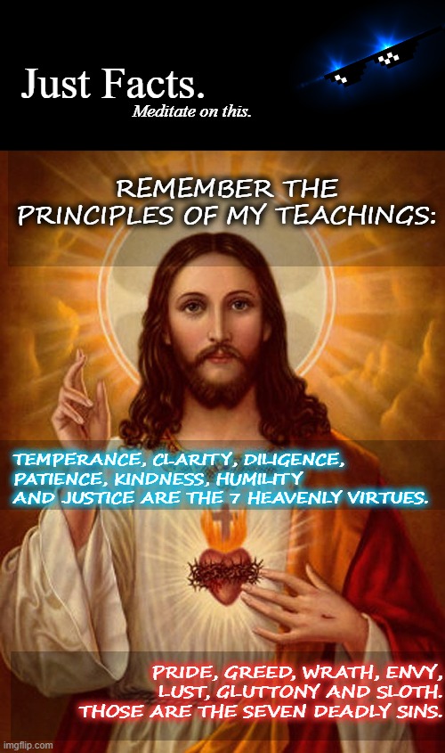 He would say "Let he who is without sin, *continue* casting rocks" at this point. We just gotta stop. | Just Facts. Meditate on this. REMEMBER THE PRINCIPLES OF MY TEACHINGS:; TEMPERANCE, CLARITY, DILIGENCE, PATIENCE, KINDNESS, HUMILITY AND JUSTICE ARE THE 7 HEAVENLY VIRTUES. PRIDE, GREED, WRATH, ENVY, LUST, GLUTTONY AND SLOTH. THOSE ARE THE SEVEN DEADLY SINS. | image tagged in jesus christ,golden rule,meditate,just facts,objectivity | made w/ Imgflip meme maker