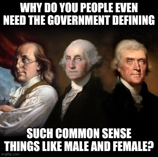 WHY DO YOU PEOPLE EVEN NEED THE GOVERNMENT DEFINING SUCH COMMON SENSE THINGS LIKE MALE AND FEMALE? | image tagged in founding fathers eye roll | made w/ Imgflip meme maker