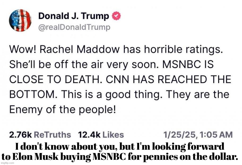 I don't know about you, but I'm looking forward to Elon Musk buying MSNBC & CNN for pennies on the dollar. | image tagged in msnbc,shit show,popcorn,rachel madcow,cnn fake news,clinton news network | made w/ Imgflip meme maker