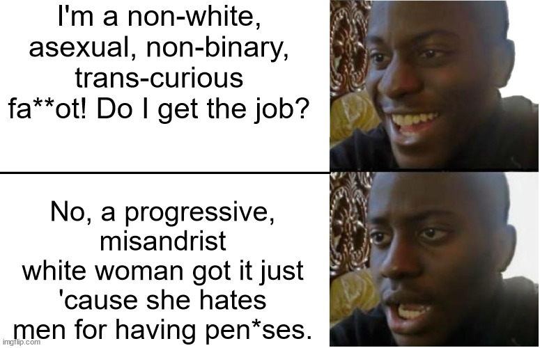 Those fu*k*ng 20'y old white women. | I'm a non-white, asexual, non-binary, trans-curious fa**ot! Do I get the job? No, a progressive, misandrist white woman got it just 'cause she hates men for having pen*ses. | image tagged in disappointed black guy,transgender,non binary,asexual,funny,memes | made w/ Imgflip meme maker