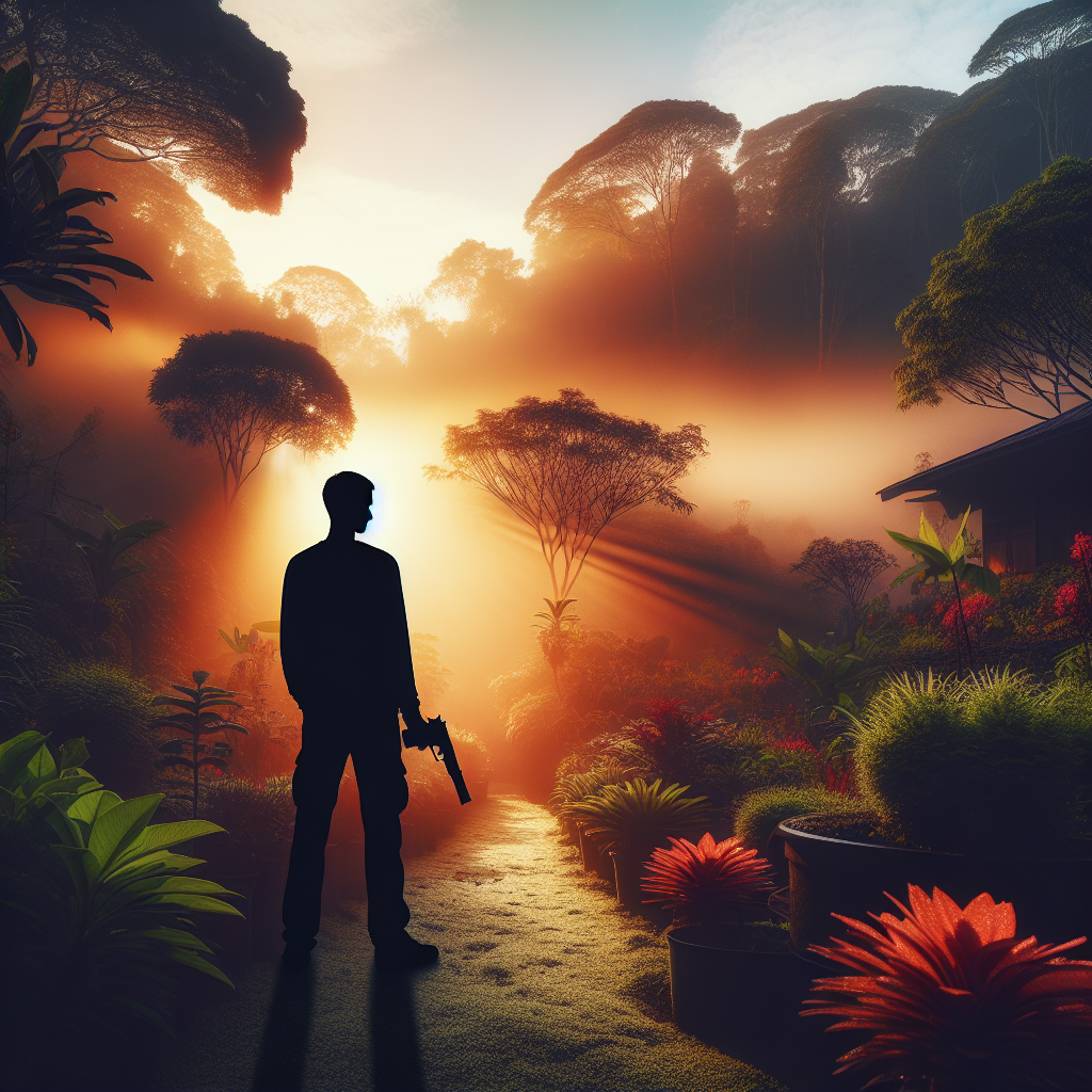 A siluete of a guy holding a gun in a garden in the morning Blank Meme Template