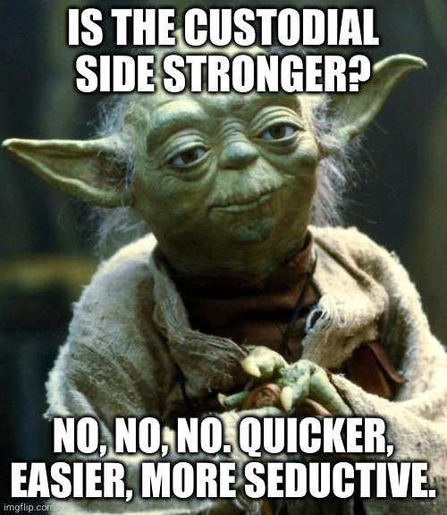 Star Wars Yoda Meme | IS THE CUSTODIAL SIDE STRONGER? NO, NO, NO. QUICKER, EASIER, MORE SEDUCTIVE. | image tagged in memes,star wars yoda | made w/ Imgflip meme maker