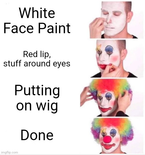 Clown Applying Makeup | White Face Paint; Red lip, stuff around eyes; Putting on wig; Done | image tagged in memes,clown applying makeup | made w/ Imgflip meme maker