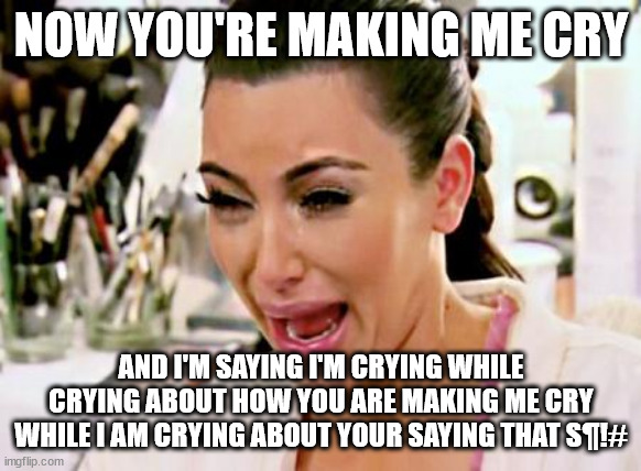 Kim Kardashian | NOW YOU'RE MAKING ME CRY AND I'M SAYING I'M CRYING WHILE CRYING ABOUT HOW YOU ARE MAKING ME CRY WHILE I AM CRYING ABOUT YOUR SAYING THAT S¶! | image tagged in kim kardashian | made w/ Imgflip meme maker