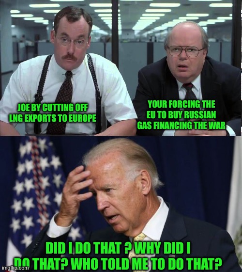 Yep | YOUR FORCING THE EU TO BUY RUSSIAN GAS FINANCING THE WAR; JOE BY CUTTING OFF LNG EXPORTS TO EUROPE; DID I DO THAT ? WHY DID I DO THAT? WHO TOLD ME TO DO THAT? | image tagged in inside of you are two bobs,joe biden worries | made w/ Imgflip meme maker