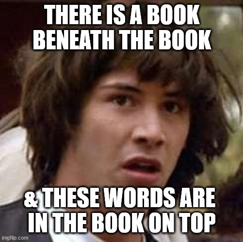 Conspiracy Keanu Meme | THERE IS A BOOK BENEATH THE BOOK & THESE WORDS ARE 
IN THE BOOK ON TOP | image tagged in memes,conspiracy keanu | made w/ Imgflip meme maker