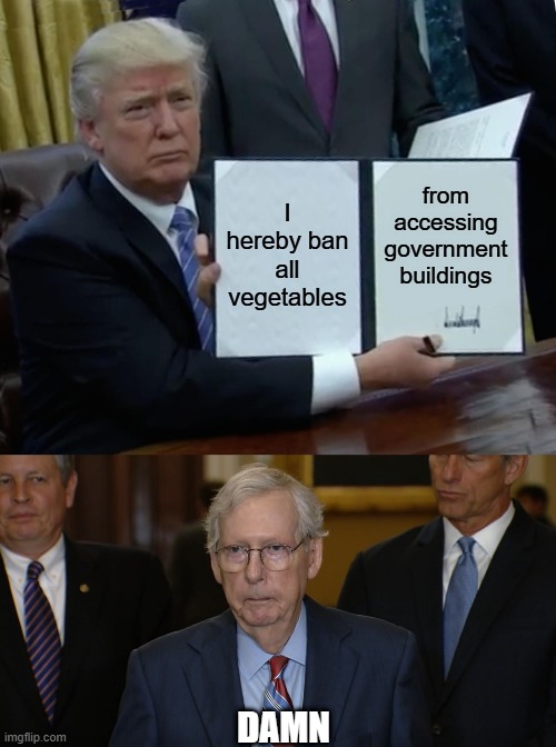 Sorry Mitch | I hereby ban all vegetables; from accessing government buildings; DAMN | image tagged in memes,trump bill signing,mitch mcconnell freezes up | made w/ Imgflip meme maker