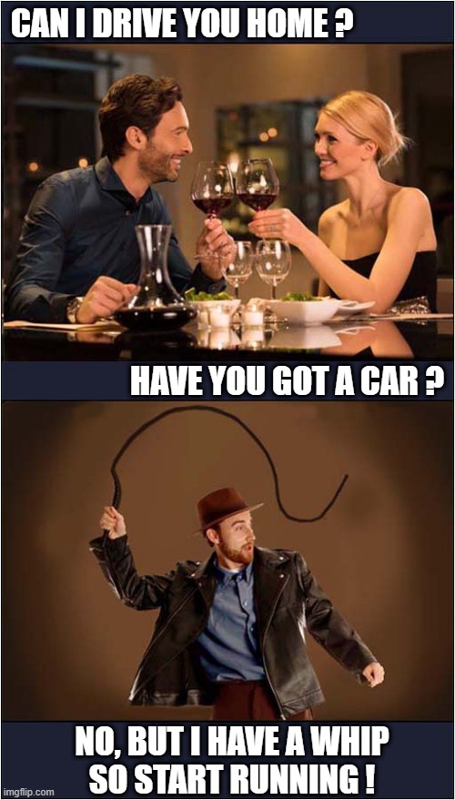 The Perfect End To A First Date ! | CAN I DRIVE YOU HOME ? HAVE YOU GOT A CAR ? NO, BUT I HAVE A WHIP
SO START RUNNING ! | image tagged in first date,whip,dark humour | made w/ Imgflip meme maker