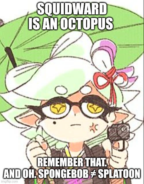 Marie with a gun | SQUIDWARD IS AN OCTOPUS; REMEMBER THAT.
AND OH. SPONGEBOB ≠ SPLATOON | image tagged in marie with a gun | made w/ Imgflip meme maker