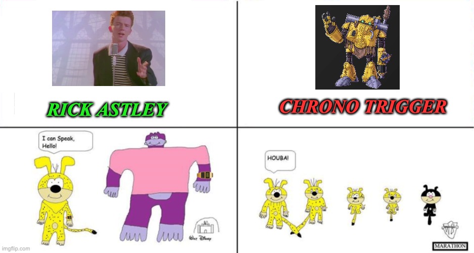 Rick Astley vs Robo | CHRONO TRIGGER; RICK ASTLEY | image tagged in disney version vs marathon version | made w/ Imgflip meme maker