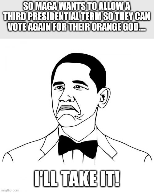 Obama is back! | SO MAGA WANTS TO ALLOW A THIRD PRESIDENTIAL TERM SO THEY CAN VOTE AGAIN FOR THEIR ORANGE GOD.... I'LL TAKE IT! | image tagged in donald trump,trump,maga,nevertrump,nevertrump meme,trump sucks | made w/ Imgflip meme maker