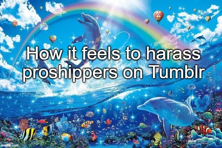 Happy dolphin rainbow | How it feels to harass proshippers on Tumblr | image tagged in happy dolphin rainbow | made w/ Imgflip meme maker