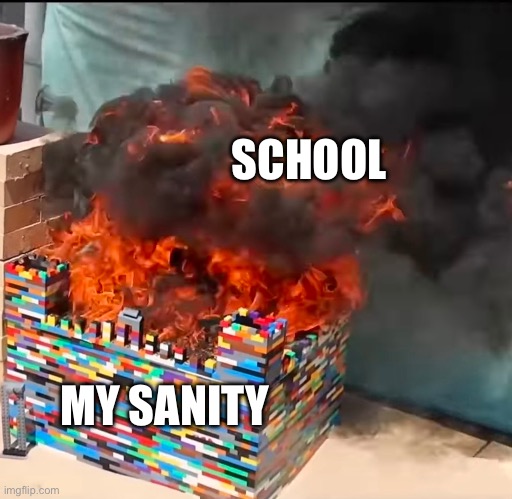 lego on fire | SCHOOL; MY SANITY | image tagged in lego on fire | made w/ Imgflip meme maker