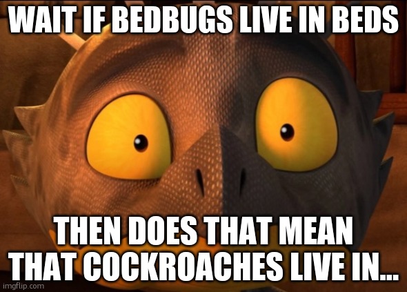 Shocked Cutter | WAIT IF BEDBUGS LIVE IN BEDS; THEN DOES THAT MEAN THAT COCKROACHES LIVE IN… | image tagged in shocked cutter | made w/ Imgflip meme maker