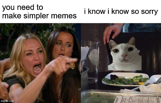 it has to do with finding everything and anything interesting | you need to make simpler memes; i know i know so sorry | image tagged in memes,woman yelling at cat,scatter | made w/ Imgflip meme maker