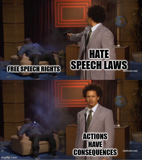 Who Killed Hannibal | HATE SPEECH LAWS; FREE SPEECH RIGHTS; ACTIONS
HAVE
CONSEQUENCES | image tagged in memes,who killed hannibal | made w/ Imgflip meme maker