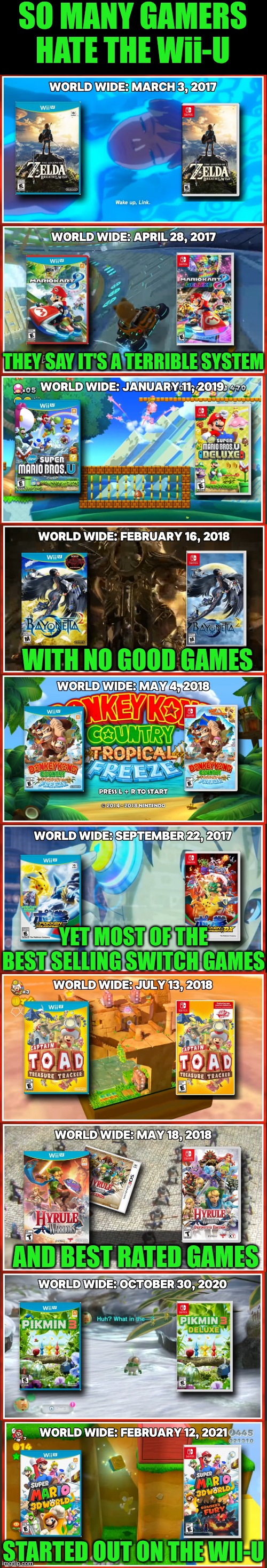 THEY PROBABLY NEVER EVEN HAD A Wii-U | SO MANY GAMERS HATE THE Wii-U; THEY SAY IT'S A TERRIBLE SYSTEM; WITH NO GOOD GAMES; YET MOST OF THE BEST SELLING SWITCH GAMES; AND BEST RATED GAMES; STARTED OUT ON THE WII-U | image tagged in nintendo,nintendo switch,wii u,video games | made w/ Imgflip meme maker