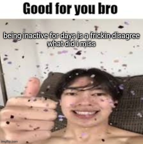 Good for you bro (Iraqi_Randomizer temp) | being inactive for days is a frickin disagree
what did i miss | image tagged in good for you bro iraqi_randomizer temp | made w/ Imgflip meme maker