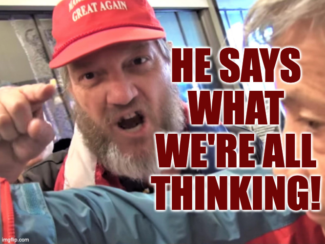 Angry Trump Supporter | HE SAYS WHAT WE'RE ALL THINKING! | image tagged in angry trump supporter | made w/ Imgflip meme maker