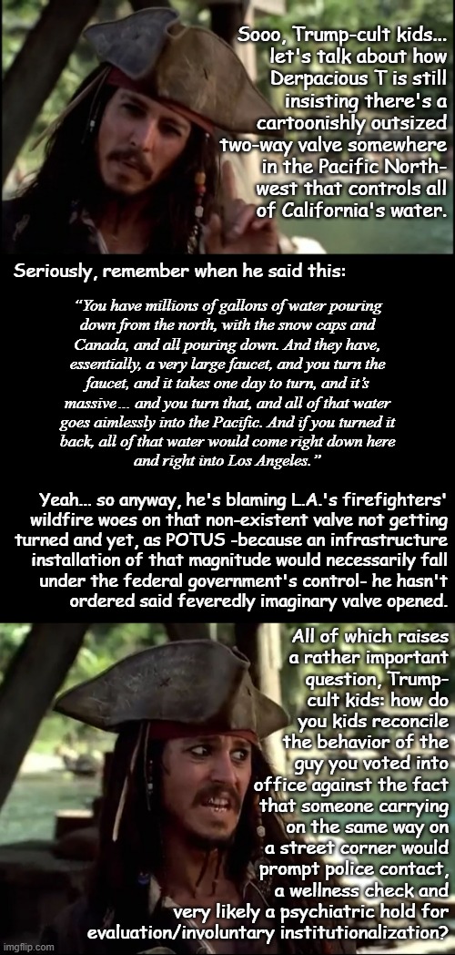 Crazy is as crazy does | Sooo, Trump-cult kids...
let's talk about how
Derpacious T is still
insisting there's a
cartoonishly outsized
two-way valve somewhere
in the Pacific North-
west that controls all
of California's water. Seriously, remember when he said this:; “You have millions of gallons of water pouring
down from the north, with the snow caps and
Canada, and all pouring down. And they have,
essentially, a very large faucet, and you turn the
faucet, and it takes one day to turn, and it’s
massive… and you turn that, and all of that water
goes aimlessly into the Pacific. And if you turned it
back, all of that water would come right down here
and right into Los Angeles.”; Yeah... so anyway, he's blaming L.A.'s firefighters'
wildfire woes on that non-existent valve not getting
turned and yet, as POTUS -because an infrastructure
installation of that magnitude would necessarily fall
under the federal government's control- he hasn't
ordered said feveredly imaginary valve opened. All of which raises
a rather important
question, Trump-
cult kids: how do
you kids reconcile
the behavior of the
guy you voted into
office against the fact
that someone carrying
on the same way on
a street corner would
prompt police contact,
a wellness check and
very likely a psychiatric hold for
evaluation/involuntary institutionalization? | image tagged in trump unfit unqualified dangerous,mentally ill | made w/ Imgflip meme maker