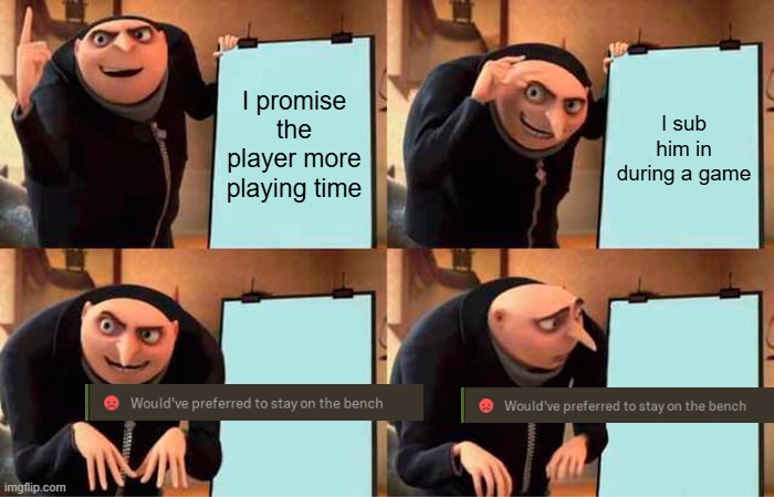 Gru's Plan Meme | I promise the player more playing time; I sub him in during a game | image tagged in memes,gru's plan | made w/ Imgflip meme maker