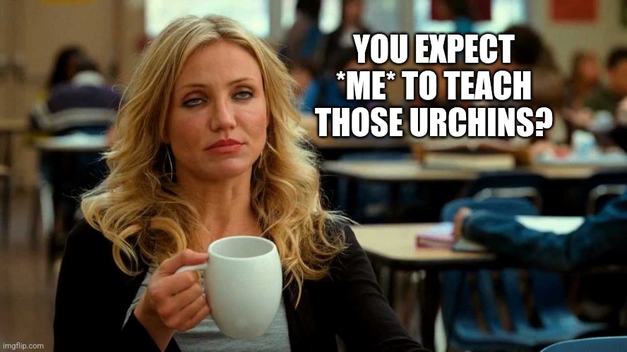 Cameron Diaz Coffee | YOU EXPECT *ME* TO TEACH THOSE URCHINS? | image tagged in cameron diaz coffee | made w/ Imgflip meme maker