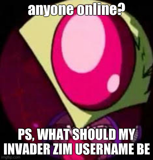 Zim sideye | anyone online? PS, WHAT SHOULD MY INVADER ZIM USERNAME BE | image tagged in zim sideye | made w/ Imgflip meme maker