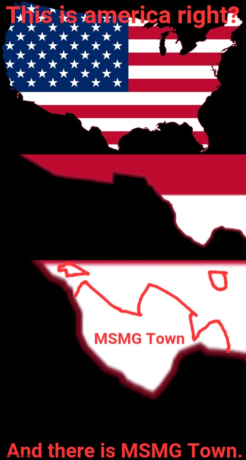 This is america right? MSMG Town; And there is MSMG Town. | image tagged in map of usa transparent | made w/ Imgflip meme maker