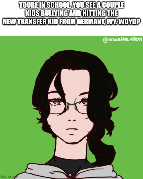 Check comments for stuff. Yknow the drill with me at this point | YOURE IN SCHOOL. YOU SEE A COUPLE KIDS BULLYING AND HITTING THE NEW TRANSFER KID FROM GERMANY, IVY. WDYD? | image tagged in rp,romance | made w/ Imgflip meme maker