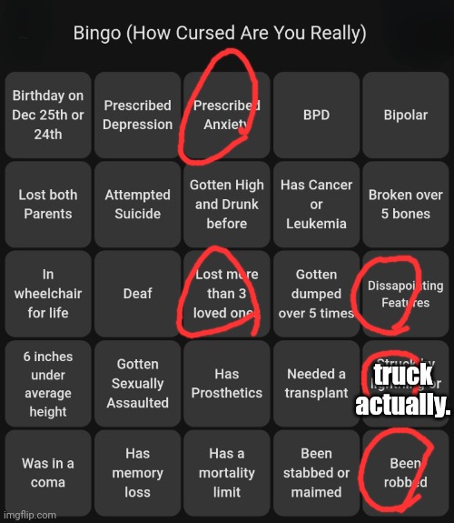 How cursed are you bingo | truck actually. | image tagged in how cursed are you bingo | made w/ Imgflip meme maker