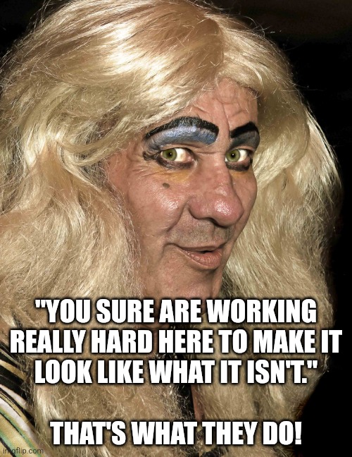 Tranny | "YOU SURE ARE WORKING
REALLY HARD HERE TO MAKE IT
LOOK LIKE WHAT IT ISN'T."
 
THAT'S WHAT THEY DO! | image tagged in tranny | made w/ Imgflip meme maker