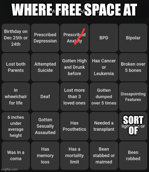 23 | WHERE FREE SPACE AT; SORT OF | image tagged in how cursed are you bingo | made w/ Imgflip meme maker